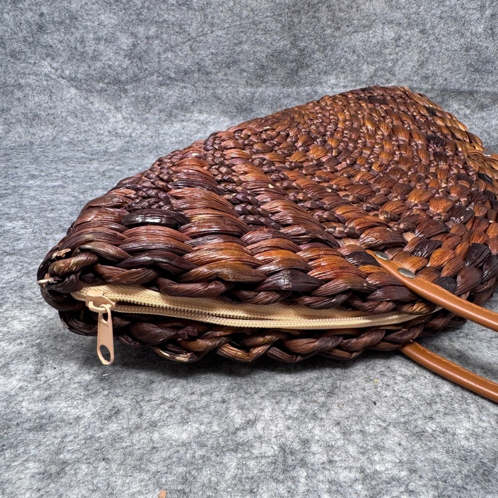 Handmade Crescent Basket Shoulderbag Purse Woven Rattan Wicker Brown Resortwear - Picture 9 of 10